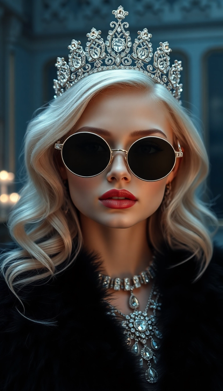 Best AI Young Platinum Blonde Queen in Black Fur Phone Luxury Wallpaper